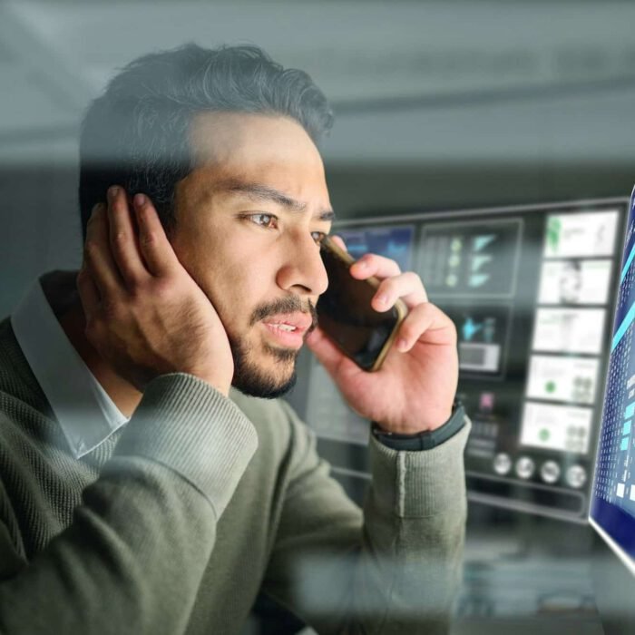 Stress, dashboard or stock market or man on a phone call for trading data, bad investment or global