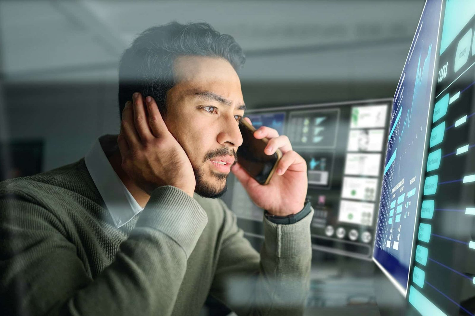 Stress, dashboard or stock market or man on a phone call for trading data, bad investment or global